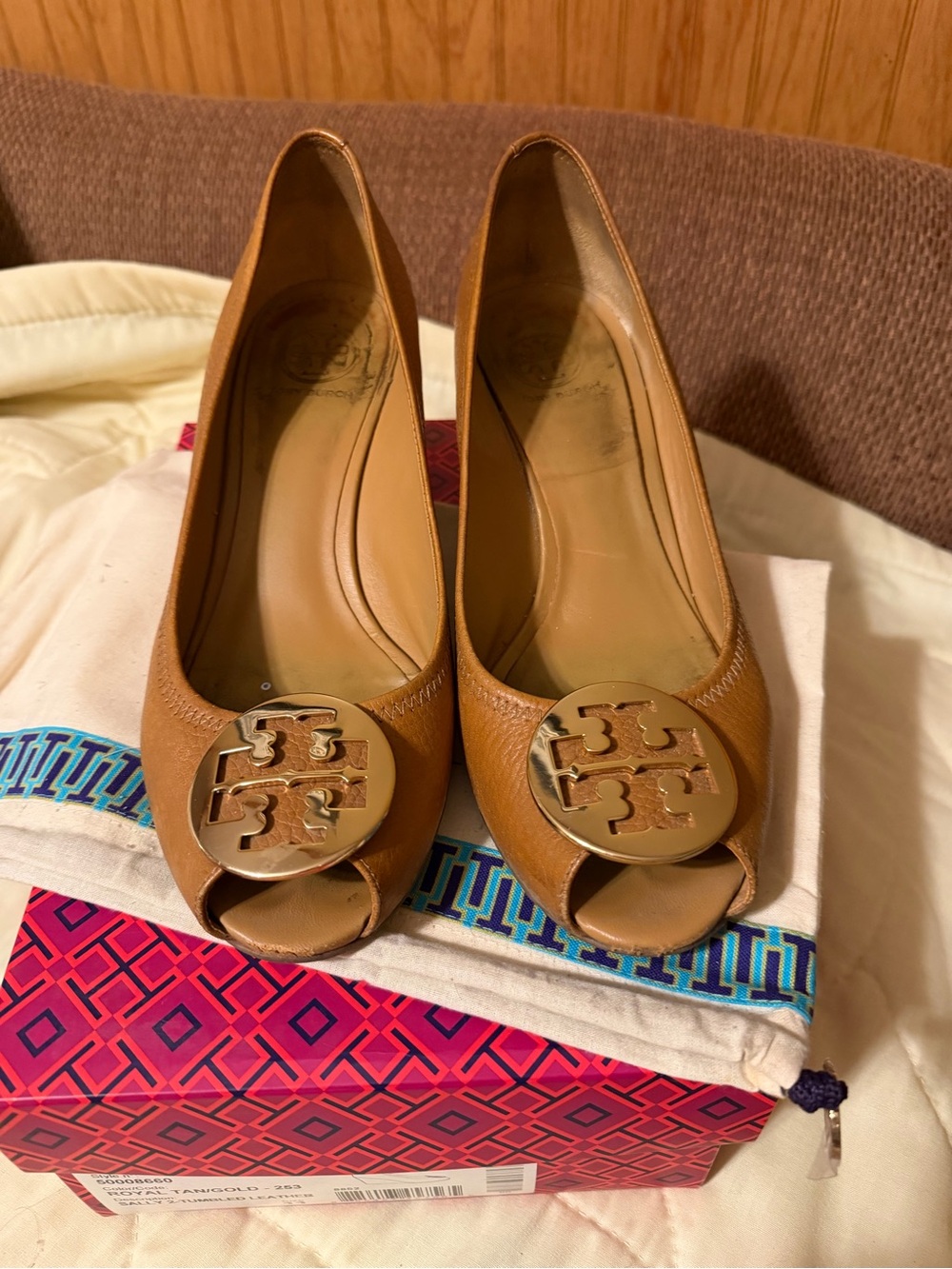 Tory Burch Tan Leather Peep-Toe Wedges with Gold Logo Medallion